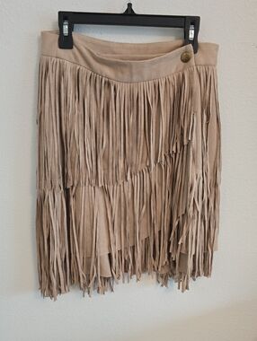 Asymmetrical Beige Fringe Mini Skirt